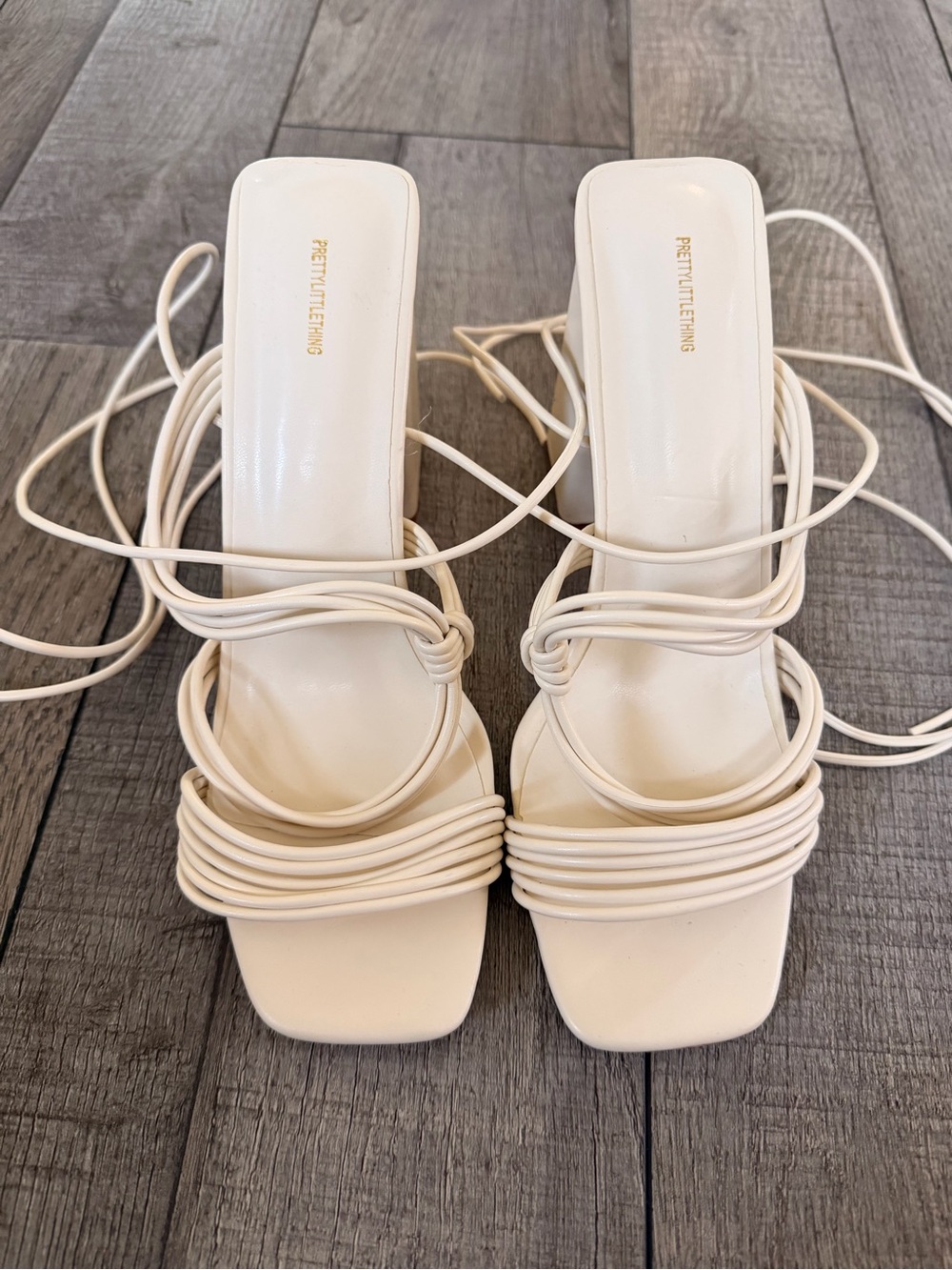 PrettyLittleThing Cream Strappy Lace-Up Square Toe Heels